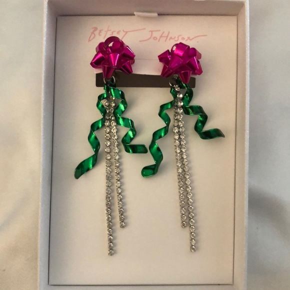 Betsey Johnson Christmas Bow Front Back Drop Earrings Fringe Accents NIB - Picture 4 of 12